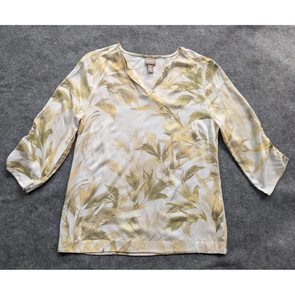 Chicos Shirt Womens Sz 0 (S) V- Neck 3/4 Sleeve Slub Tee Floral Hawaiian